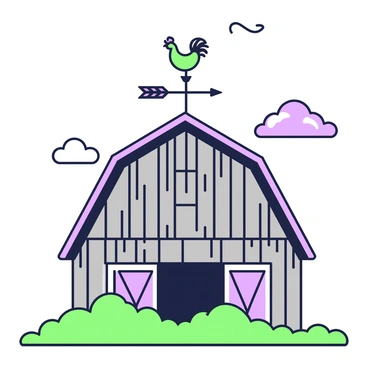 A rustic weather vane is perched atop a barn, spinning dynamically in the wind. The barn is made of aged wooden planks, showcasing a combination of weathered gray and brown tones. The weather vane features a classic design, with a rooster as the centerpiece, pointing in the direction of the wind. In the background, the barn doors are slightly ajar, and there is a hint of green grass peeking through the foreground. A few scattered clouds are visible in the sky.