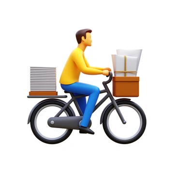 A delivery person riding a bicycle with bundles of newspapers in a basket