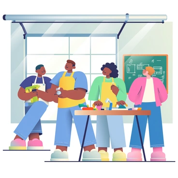 A diverse group of five neighbors is gathered inside a spacious garage, engaging in a community workshop. One neighbor with short brown hair, wearing a blue shirt and jeans, is demonstrating how to use a power drill to another neighbor who has curly black hair and is wearing a yellow apron. On a wooden workbench nearby, various tools are spread out, including a hammer, pliers, and screws, arranged neatly. A chalkboard in the background displays sketches and notes related to the workshop. Sunlight streams through the open garage door, illuminating the scene and casting soft shadows on the floor. The atmosphere is lively, filled with a sense of collaboration and creativity.