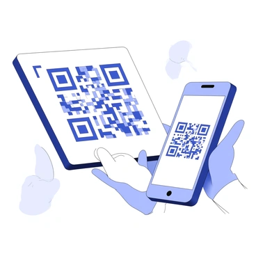 A large QR code is prominently displayed in the center of the image. A smartphone is positioned in front of it, with the camera focused on the QR code. The phone's screen shows the camera view, highlighting the QR code within a rectangular frame. The smartphone has a sleek design, with rounded edges and a minimalistic interface. Nearby, there are some blurred hands holding the smartphone, indicating an active scanning process. The background features a subtle gradient that fades away from the QR code and smartphone, drawing attention to the main elements.