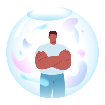 A person is standing inside a translucent protective bubble. The bubble has a smooth, reflective surface that captures the surrounding chaotic elements. Outside the bubble, swirling winds and colorful abstract shapes are visible, creating a sense of turmoil. The person is dressed in a simple outfit, with arms crossed in front of them. The gradient pastel colors of the swirling elements contrast with the clear bubble, accentuating the barrier's protective nature.