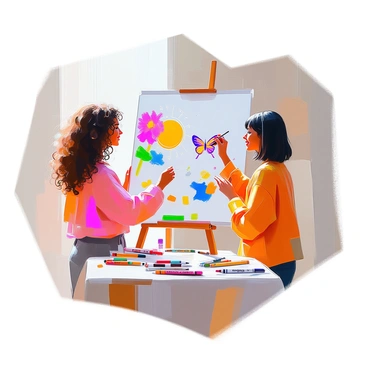 Two friends, one with curly brown hair and the other with straight black hair, are collaborating on a large sketchboard. The sketchboard is filled with colorful illustrations, including vibrant flowers, whimsical creatures, and abstract shapes. Both friends are standing side by side, each holding a set of colored markers. The one with curly hair is drawing a large sun in the corner, while the other is adding details to a butterfly. They are smiling and engaged in their work, surrounded by scattered art supplies on a nearby table.
