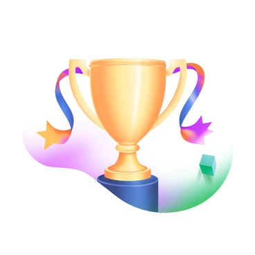 A modern pastel illustration of a shiny "golden trophy" positioned on an elegant "pedestal." Colorful "ribbons" in shades of red, blue, and yellow are fluttering gracefully around the trophy, creating a dynamic effect. The background is softly blended with pastel colors to enhance the visual appeal.