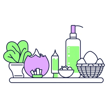 A tranquil spa setting with various coconut-themed products displayed on a wooden shelf. On the left, there is a jar of coconut lotion with a lid slightly open, revealing a creamy texture inside. Next to it, a bottle of coconut oil stands tall, featuring a sleek design with a pump top. To the right, there is a small bowl filled with coconut flakes surrounded by a few fragrant candles. Soft towels are neatly rolled and placed in a wicker basket nearby. In the background, potted green plants add a touch of freshness to the serene environment.