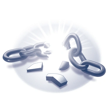 Chains breaking apart on a surface. The links of the chains are scattered, with pieces noticeably fractured. A bright, radiant light is streaming through the gaps where the chains have broken, illuminating the surroundings. The light creates sharp contrasts and highlights the texture of the chains, emphasizing the moment of liberation. The background is filled with subtle shadows that frame the scene, enhancing the focus on the breaking chains and the emerging light.