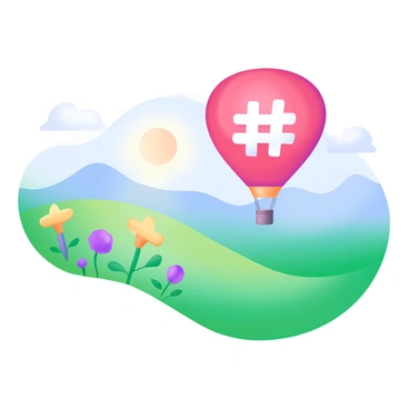 A solitary hot air balloon in the shape of a hashtag is floating gracefully over a vibrant green field. The balloon is a bright shade of red, and its distinctive hashtag design is clearly visible against the blue sky. Below, the field is dotted with wildflowers in various colors, including yellow and purple blooms. In the distance, there are softly rolling hills that create a gentle horizon line. The sun casts a warm glow, illuminating the scene with soft light.