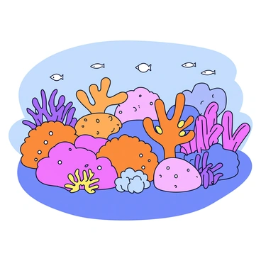 A coral reef filled with vibrant coral formations. Various types of corals are depicted, including branching corals and large boulder-shaped corals, showcasing a range of colors like orange, pink, and purple. The illustration captures the gradual expansion and branching of the corals, with some corals having small fish swimming around them. The background features a soft blue ocean color, enhancing the appearance of the reef.