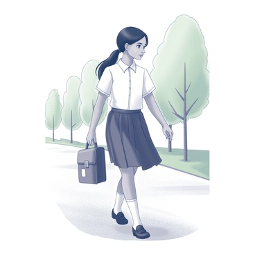 An Indian girl is walking along a path, wearing a school uniform consisting of a white blouse and a dark skirt. She has long, dark hair tied back neatly. In her left arm, she carries a satchel, which is slightly worn and has a few patches visible on its surface. The girl is looking ahead with a focused expression, and her right hand is swinging gently by her side. The background includes green trees lining the path, creating a sense of a school route. The ground is a mixture of dirt and gravel, typical of an everyday walking path.