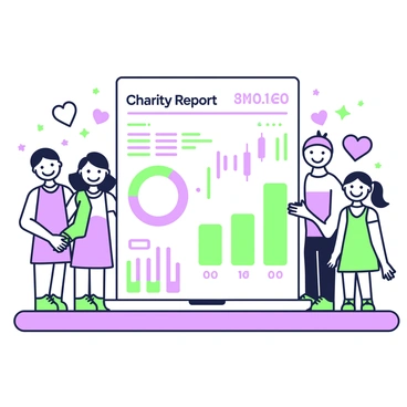A charity financial report laid out on a desk. The report is filled with various financial figures and charts. Surrounding the edges of the report are doodles depicting "happy people" with big smiles, standing together and holding hands. These figures are drawn in a simplistic style with an emphasis on joyfulness. Scattered throughout the report are doodles of "hearts" in different sizes, interspersed among the numbers and charts, adding a cheerful touch to the otherwise formal document.