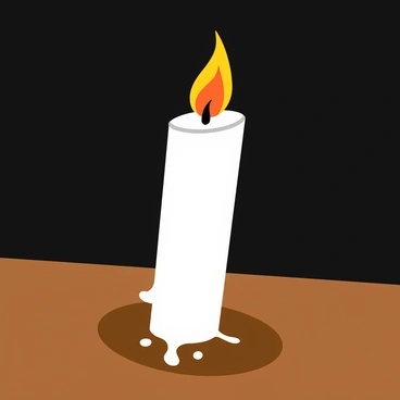 A single tall candle with a smooth white surface stands upright on a wooden table. The candle features a strong and vibrant flame that flickers brightly with shades of orange and yellow. The surrounding dark room highlights the light emitted from the flame, casting soft shadows on the table and walls. The wick of the candle is slightly charred at the top, and a small pool of melted wax surrounds its base, adding a touch of realism to the scene.