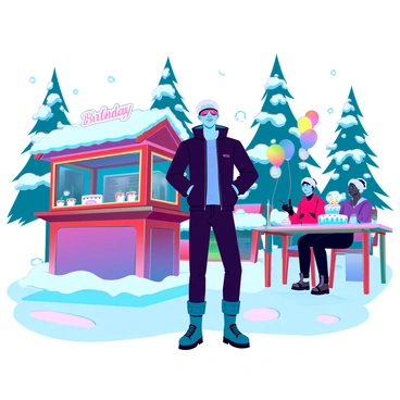 A male character with white hair and a blindfold, dressed in a stylish black winter jacket, stands in a vibrant winter wonderland filled with fluffy white snow covering the ground. He has a cheerful expression as he looks around, enjoying the festive atmosphere. Nearby, a rustic hot cocoa stand decorated with colorful lights, featuring a variety of mugs and toppings, is bustling with customers. Snowflakes gently fall from the sky, creating a magical ambiance, while pine trees adorned with ornaments line the background. Some balloons and a small birthday cake with candles can be seen on a nearby table, adding to the celebration.