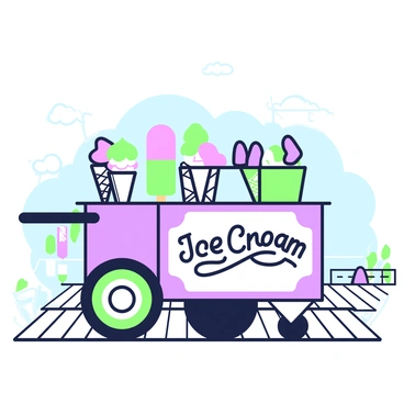 A cheerful ice cream pushcart on a boardwalk with colorful popsicles and cones