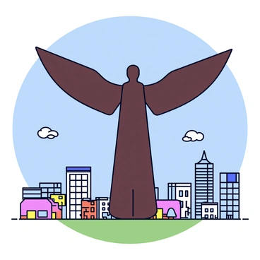 The "Angel of the North" statue stands tall with its large wings stretched out wide. The statue is made of steel and has a dark brown color. In the background, there is a busy city skyline featuring various modern buildings with glass façades and a few traditional brick structures. A clear blue sky is visible, and there are small fluffy clouds. The scene captures the contrast between the natural aspect of the statue and the vibrant urban life surrounding it.