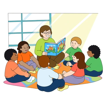 A teacher with glasses and short brown hair is sitting on a colorful mat, reading a book with vibrant illustrations to a group of children. The teacher is wearing a bright green shirt and has a warm smile. The students, a diverse group of kids with different hair colors, are sitting cross-legged on the floor, eagerly listening. Each child has a look of excitement on their face. The book is open, displaying colorful illustrations of a dragon and a castle. Sunlight streams in from a window, highlighting the joyful scene.