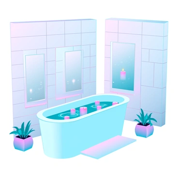 A spacious bathroom with sleek, modern design elements. The walls are tiled in a soft cream color, and large windows allow natural light to filter in. A free-standing bathtub filled with clear water occupies the center of the room. Numerous candles float elegantly on the surface of the water, each casting a warm, flickering glow. A plush, white rug lies beneath the bathtub, and soft greenery in planter boxes adds a touch of nature to the relaxing atmosphere.
