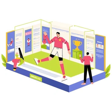A sports museum exhibit showcasing "Cristiano Ronaldo's famous moments." The exhibit features a large central display with a life-sized figure of Cristiano Ronaldo in a red jersey, striking a dynamic pose. Surrounding him are framed action shots capturing key moments of his career, including a goal celebration, a free kick, and a trophy lift. There are various interactive screens displaying his statistics and records, along with a timeline of his achievements. The background is adorned with banners featuring his name and iconic quotes, adding to the atmosphere of celebration and sportsmanship.