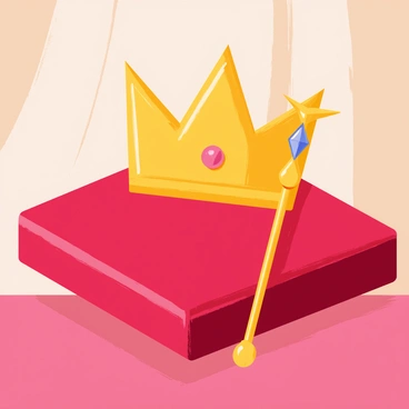 A royal crown with intricate golden detailing sits atop a plush, deep red velvet cushion. Beside the crown, a matching elegant scepter, also adorned with gold accents and a large, sparkling gemstone at its tip, rests gracefully on the cushion. The velvet fabric is soft and plush, adding a luxurious touch to the presentation. The background is softly blurred, emphasizing the royal crown and scepter as the focal points of the image.