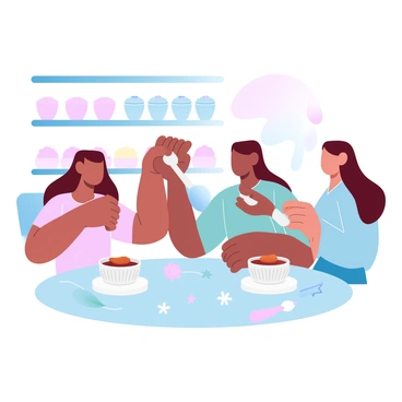 A group of three friends is gathered around a small table in a dessert café. They are holding various small ramekins filled with crème brûlée in different flavors, such as vanilla, chocolate, and raspberry. One friend is using a spoon to crack the caramelized top of a crème brûlée, while another is reaching for a ramekin. The table is adorned with colorful napkins and a few decorative elements. The background features shelves filled with assorted desserts, creating a cheerful atmosphere.