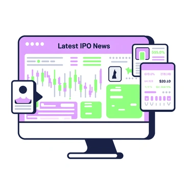 A busy financial website homepage is displayed on a computer screen. The layout is divided into multiple sections. At the top, there is a large banner displaying the words "Latest IPO News" in bold font. Below the banner, several headlines feature new IPO announcements, each accompanied by a small accompanying image. One section highlights stock performance charts with green and purple lines fluctuating. On the right side, there are various interactive widgets showing market indices, with numerical values and percentage changes. A footer at the bottom contains links to articles, social media icons, and a search bar. The overall design is dynamic and information-rich.