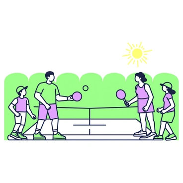 A family is playing pickleball on a court surrounded by a green fence. The scene depicts four family members: a father, a mother, and two children, engaged in the game. The father, wearing a green athletic shirt, is positioned near the net, holding a paddle and preparing to hit the ball. The mother, dressed in a purple tank top and shorts, is standing a few feet back, ready to receive the ball with her own paddle. One child, wearing a green cap and sneakers, is chasing the ball towards the side of the court, while the other child, in a purple t-shirt, is laughing and cheering from the sidelines. A bright sun is shining overhead, casting soft shadows onto the court.
