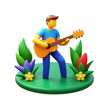 A person named "Mike" is playing an acoustic guitar. He is positioned on a green stage, which is adorned with vibrant plants and colorful flowers. The plants have lush green leaves, and the flowers are in shades of red, yellow, and blue. The scene captures the lively atmosphere created by Mike's music amidst the natural elements around him.