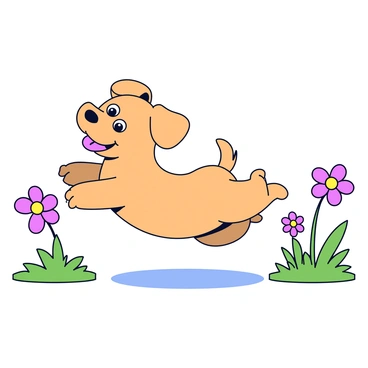 A small puppy with fluffy fur and big, bright eyes is jumping around playfully in a garden. The puppy has a playful expression on its face, with its tongue out and ears perked up. The garden is filled with green grass and colorful flowers in bloom. The sunlight casts gentle shadows on the ground, enhancing the cheerful atmosphere of the scene.