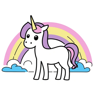 A cartoon unicorn with a shimmering, multi-colored mane is standing in a field filled with vibrant, overlapping rainbow stripes. The unicorn has a white body, a golden horn, and large expressive eyes. The field features bold, arched shapes representing the different colors of the rainbow, creating a bright and playful atmosphere around the unicorn.
