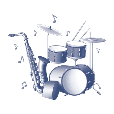 A monochrome drawing of various musical instruments arranged together. The image features a saxophone with intricate keys, a trumpet with a shiny bell, and a set of drums with visible drumsticks. Notes are scattered throughout the composition, flowing around the instruments. The overall arrangement conveys movement and rhythm, capturing the essence of jazz music.
