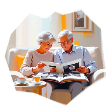 An elderly couple sits together on a cozy sofa, sharing a moment as they look through an old photo album. The man has gray hair and wears reading glasses, while the woman has white hair styled in soft waves. She is wearing a knitted sweater. They are both intently gazing at the black-and-white photos, with the album open on their laps. The room is softly lit, and there are hints of vintage decor around them, including a small table with a cup of tea and a framed photo on the wall in the background.