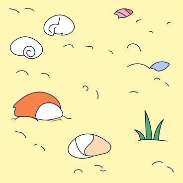 A sandy beach with light yellow sand texture, showing gentle ripples. Scattered across the sand are various seashells, including spiraled conch shells and flat, oval-shaped shells, partially buried in the sediment. The shells display a range of colors, from soft white to deep orange, contrasting with the sandy background. Small tufts of sea grass are also visible, adding to the beach scene.