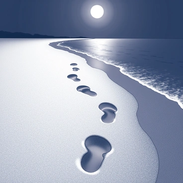 A sandy beach stretches along the shoreline, with fine grains of sand glistening under the moonlight. Distinctive spooky footprints, deep and uneven, lead away from the beach and disappear into the dark ocean. The water is calm, with slight ripples reflecting the moon's glow. The horizon fades into darkness, creating an eerie atmosphere. The beach is empty, with no signs of life, enhancing the sense of isolation.