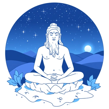A white statue of Adiyogi is prominently placed in the foreground, with intricate details highlighting its serene features and peaceful expression. The statue is surrounded by a tranquil setting, with gentle rolling hills in the background. Above, a deep blue starry night sky is filled with numerous sparkling stars, forming various constellations that shine brightly against the darkness. The moon is visible, casting a soft light over the scene, illuminating the statue of Adiyogi in a mystical glow.