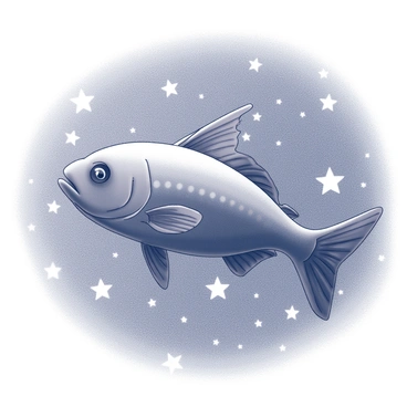 A fish with elongated fins gliding through a vast expanse of stars. The fish is detailed, showcasing its scales and unique fin structures as it moves gracefully among twinkling celestial bodies. The background is filled with various sizes of stars, some brighter than others, creating a sense of depth in the galaxy. The scene conveys a feeling of limitless space and adventure, with the fish positioned as if exploring this infinite cosmic landscape.