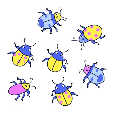 A collection of various scarab beetles with distinct colors and patterns. Each beetle displays a whimsical expression, such as a wide smile or surprised eyes. The beetles are shown in playful poses, some are standing on their hind legs while others are playfully tumbling. The background is a simple light color that emphasizes the beetles' vibrant details.