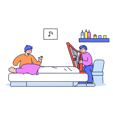 A massage session taking place in a softly lit room. In the corner, there is a harpist playing a graceful melody, seated beside a beautifully crafted wooden harp. The massage table is covered with a white sheet, and aromatic candles are placed on a nearby shelf. The atmosphere is filled with the gentle sound of the harp, enhancing the calming ambiance of the room.