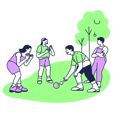 A group of four friends is playing petanque in a park. Two men and two women are engaged in the game, with one man bending down to throw a metal boule while the others watch eagerly. The woman beside him has a wide smile and is clapping her hands in excitement. The other woman is standing with her arms crossed, laughing at the playful competition. The second man is leaning against a nearby tree, holding a drink and grinning. The surrounding grass is green, and a few trees provide shade in the background. 