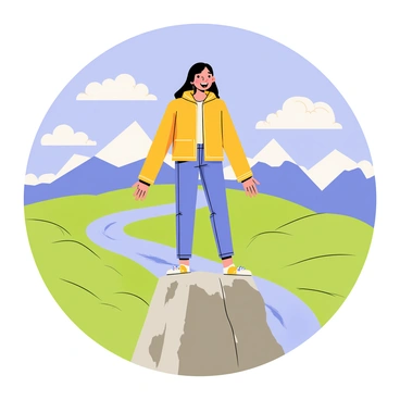 A girl with long brown hair standing on a rocky mountain peak, her arms outstretched wide. She is wearing a bright yellow jacket and blue jeans. Below her, a vast landscape stretches out, featuring green valleys, a winding river, and distant, snow-capped mountains under a clear blue sky. Fluffy white clouds float gently in the background. The sunlight casts a warm glow on the scene, highlighting the girl’s joyful expression.