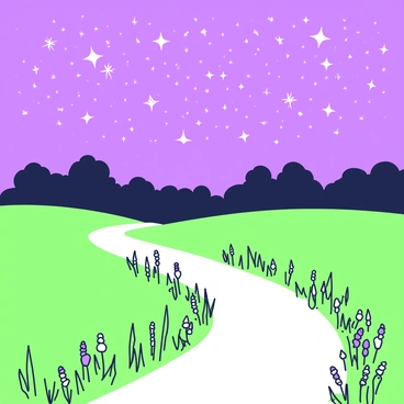 A winding path leads through a lush field filled with tall grass. The path is bordered by clusters of gently swaying wildflowers. Above, a vast sky is filled with countless twinkling stars, each one shining brightly. The stars create a beautiful pattern across the night sky. In the distance, a silhouette of trees can be seen against the starry backdrop, enhancing the serene atmosphere of the scene.
