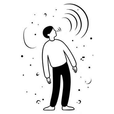 A person is standing in a dynamic pose, with their body slightly bent forward, as if in the act of sneezing. The air around them is depicted with visible wind lines emanating from their mouth, illustrating the force of the sneeze. Sound waves are shown radiating outward in concentric circles, emphasizing the dramatic sound of the sneeze. The background is filled with small particles and droplets, highlighting the impact of the sneeze in the environment.