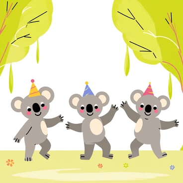 A group of cartoon koalas is dancing joyfully in a lush eucalyptus grove. The koalas are fluffy gray with round ears and large black eyes, each wearing colorful party hats. Bright green eucalyptus trees surround them, with some trees having large, elongated leaves hanging down. The ground is covered with soft grass, dotted with small flowers in various colors. Sunlight filters through the leaves, creating a playful atmosphere as the koalas sway and twirl with big smiles on their faces.