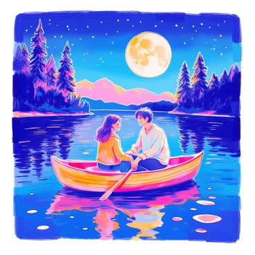 A couple is sitting closely together on a small boat gently floating on a lake. The boat is made of wood and features a simple design, with oars resting inside. The full moon is high in the night sky, casting a silvery glow on the water's surface, creating a shimmering reflection. Surrounding the lake, tall trees are silhouetted against the moonlight, and the night sky is filled with scattered stars. The couple is dressed in casual clothing, with the woman wearing a light sweater and the man in a t-shirt, both looking at each other with smiles.