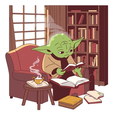 A green creature with large ears, resembling "Yoda," is sitting comfortably in a cozy library. "Yoda" is turning the pages of an ancient book, which has a worn leather cover and intricate gold detailing. The library is filled with tall, wooden bookshelves packed with various old books, some stacked neatly while others are haphazardly placed. Soft, warm light filters through a nearby window, illuminating "Yoda's" focused expression as he reads. A small table beside him holds a steaming cup of tea, and a plush armchair is situated nearby, inviting further relaxation.