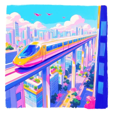 A futuristic maglev train gliding silently over a cityscape