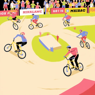 A high-speed BMX race taking place on a winding dirt track. Several riders in brightly colored helmets and jerseys are competing aggressively, each on their uniquely designed BMX bikes. Dust clouds are visibly trailing behind them as they speed around sharp turns and jump ramps. The background features a cheering crowd, with flags waving and excitement in the air. Sunlight casts shadows on the track, highlighting the riders' intense focus and determination.