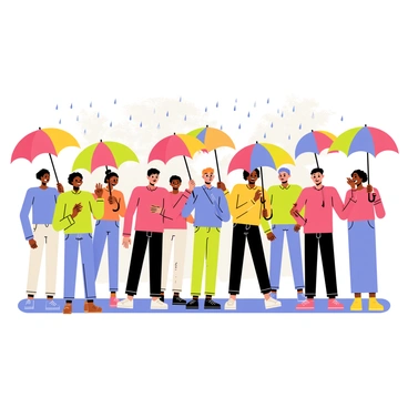 A choir of diverse individuals singing joyfully under the rain. Each member holds a colorful umbrella, creating a vibrant display of reds, blues, greens, and yellows. The rain falls gently around them, creating small splashes on the ground. The choir members wear casual clothing, and some have smiles on their faces while others are singing heartily. The background features a blurred indication of trees, enhancing the lively atmosphere.