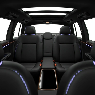 An executive sedan interior featuring a luxurious back seat area. The seats are upholstered in high-quality black leather with intricate stitching. The back seat consists of two plush bucket seats separated by a center console. The center console includes a retractable laptop station with a sleek design, providing a sturdy surface for work. There are ambient LED lights illuminating the area, creating a sophisticated atmosphere. High-end finishes and wood accents are present throughout, enhancing the overall elegance of the space. A panoramic sunroof is visible above, adding to the luxurious feel.