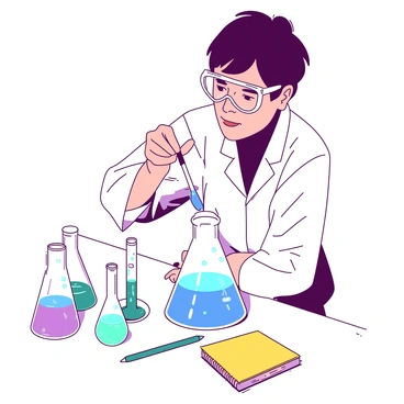 A scientist wearing a white lab coat and safety goggles is carefully adding a blue chemical from a glass dropper into a clear glass beaker. The beaker is filled with a transparent liquid and sits on a white laboratory table. Surrounding the beaker are various glass flasks and test tubes filled with colorful liquids, as well as a yellow notebook and a teal pen that rests beside the beaker. The scientist's focused expression indicates concentration as they conduct their experiment.