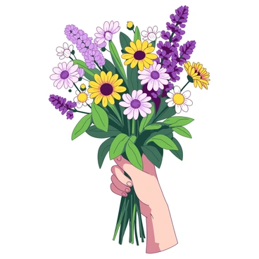 A close-up of a hand with a light skin tone holding a freshly picked bouquet of wildflowers. The bouquet consists of an assortment of colorful blooms, including yellow daisies, purple asters, and white clover blossoms. The hand is positioned delicately around the stems, with green leaves providing contrast against the vibrant colors of the flowers. Sunlight gently illuminates the bouquet, highlighting the fresh dew on the petals. The background is softly blurred, ensuring the focus remains on the hand and the bouquet.