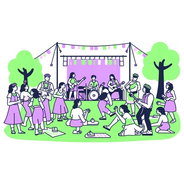 A vibrant outdoor music festival scene set in the 1960s. The festival features a large stage decorated with colorful banners, where a band is playing live music. In front of the stage, a diverse crowd of attendees is gathered, dressed in bohemian outfits consisting of flowing skirts, loose-fitting shirts, and patterned vests. Many attendees are adorned with flower crowns made of various flowers, adding to the festive atmosphere. Some people are dancing, while others are sitting on the grass, enjoying the performance. Strands of colorful fabric hang from trees, and there are picnic blankets spread out on the ground. A few people are holding instruments, such as guitars and tambourines, contributing to the joyful vibe of the festival.