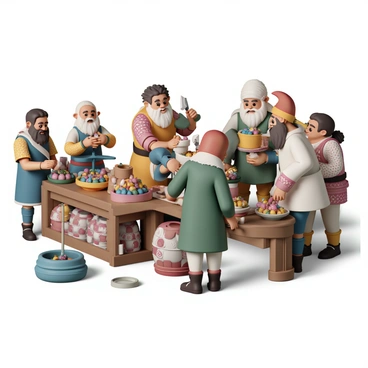 A busy market scene filled with dwarves engaged in lively bartering. Several dwarves, each wearing traditional clothing adorned with intricate patterns, are standing behind wooden stalls filled with various goods. One dwarf, with a braided beard, is enthusiastically showing a shiny axe to another dwarf, who wears a green tunic and examines it closely. Nearby, a dwarf with a red cap is weighing precious stones on a scale, while another dwarf is stacking barrels filled with colorful fruits. The atmosphere is vibrant and filled with activity as dwarves interact and negotiate, creating an immersive marketplace experience.